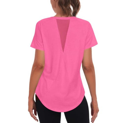 Jlowesun Women's Gym Shirts, Short Sleeve Lightweight Moisture Wicking Quick Dry Back Mesh Loose Fit Sports Tops for Ladies