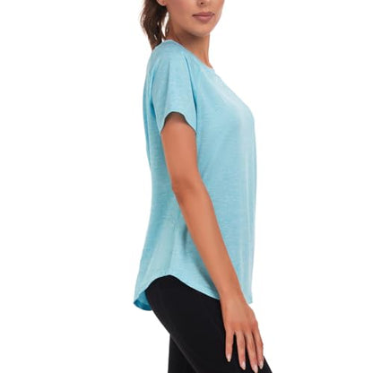 Jlowesun Women's Gym Shirts, Short Sleeve Lightweight Moisture Wicking Quick Dry Back Mesh Loose Fit Sports Tops for Ladies