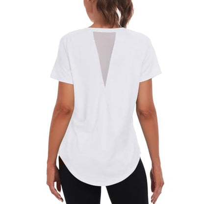 Jlowesun Women's Gym Shirts, Short Sleeve Lightweight Moisture Wicking Quick Dry Back Mesh Loose Fit Sports Tops for Ladies