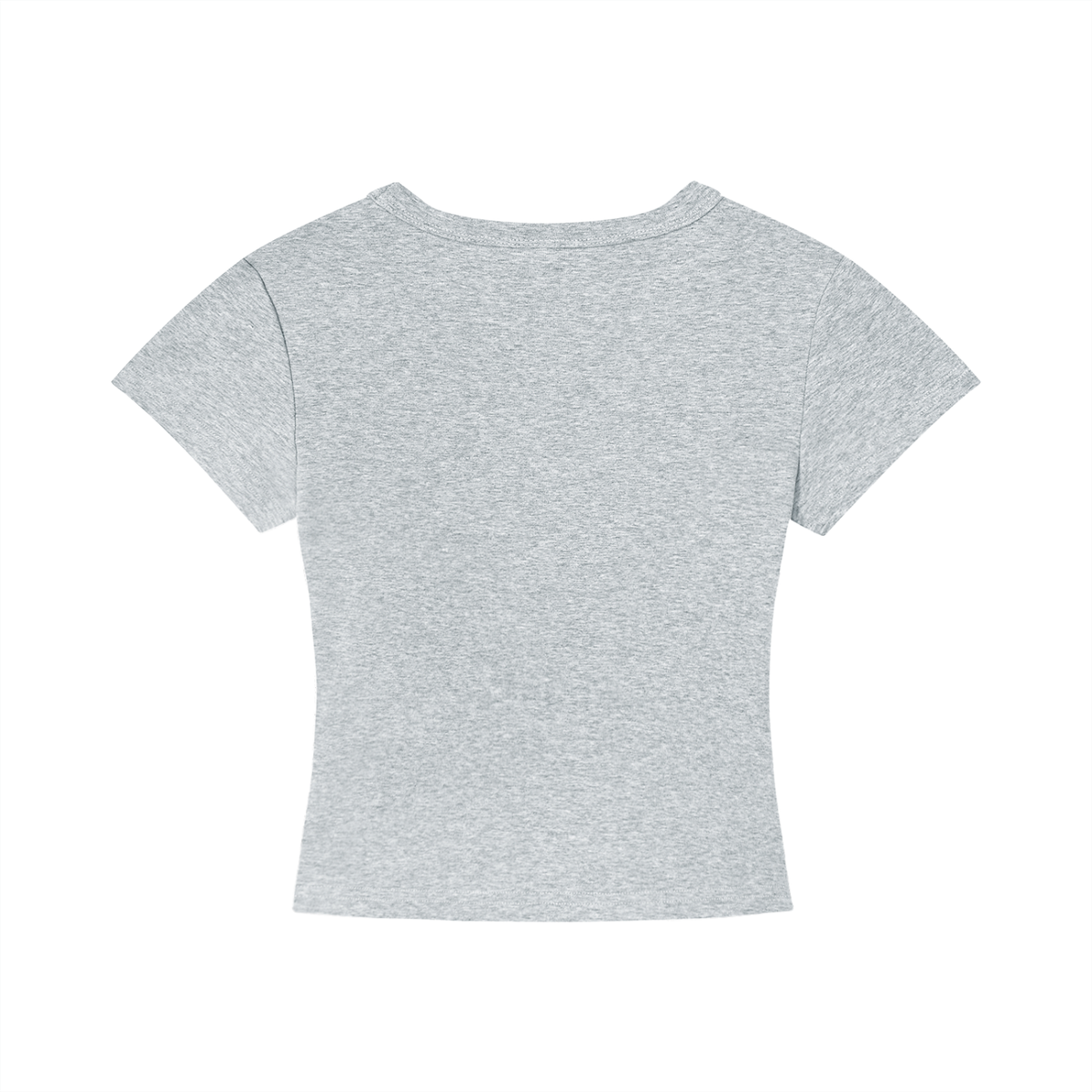 Gray cropped T-shirt flat lay, back view; crew neck and short sleeves