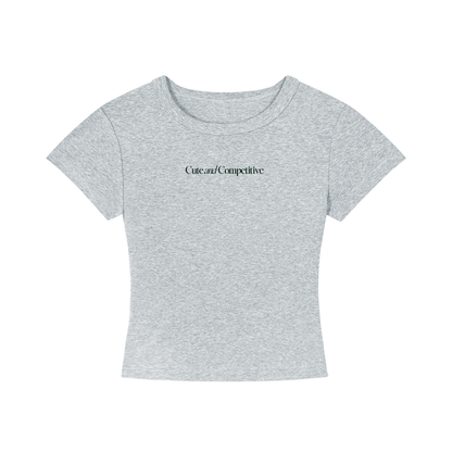 Gray cropped T-shirt flat lay with crew neck and short sleeves; small chest slogan print