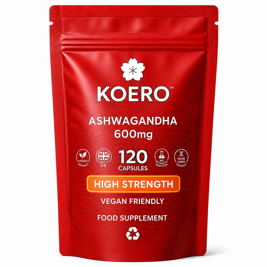 Red KOERO ashwagandha supplement pouch, 600mg, 120 capsules, vegan friendly