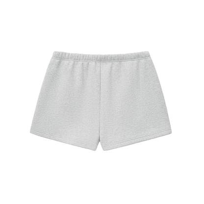 Flower gray core shorts with elastic waistband and drawstring; mid-thigh length