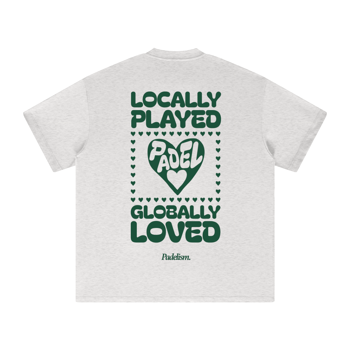 Light gray heavyweight T-shirt, back graphic with heart and text, short sleeves