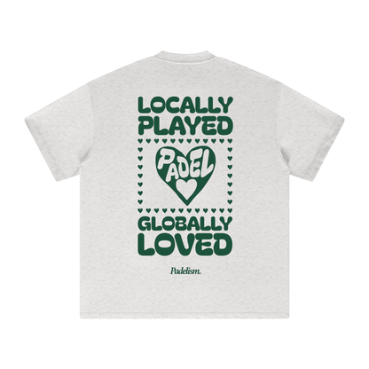 Light gray heavyweight T-shirt, back graphic with heart and text, short sleeves