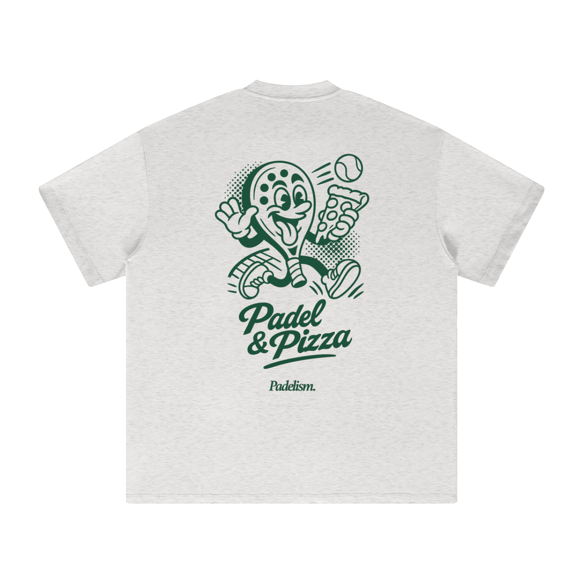 Light gray heavyweight T-shirt with green 'Padel & Pizza' back graphic and 'Padelsim' text
