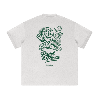 Light gray heavyweight T-shirt with green 'Padel & Pizza' back graphic and 'Padelsim' text