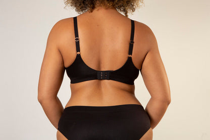 Black bra back view with adjustable straps and center hook-and-eye closure