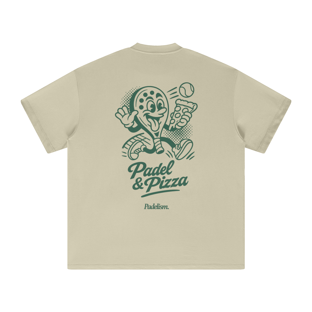 Sand color heavyweight T-shirt with green 'Padel & Pizza' back graphic and 'Padelsim' logo