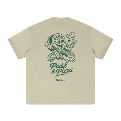 Sand color heavyweight T-shirt with green 'Padel & Pizza' back graphic and 'Padelsim' logo