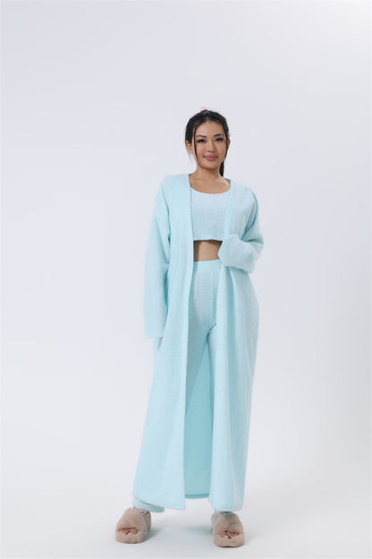 Light blue lounge set with crop tank, matching pants, and open long cardigan robe