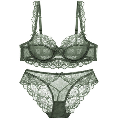 Green lace sheer bra and lace panty set with sheer cups and lace trim