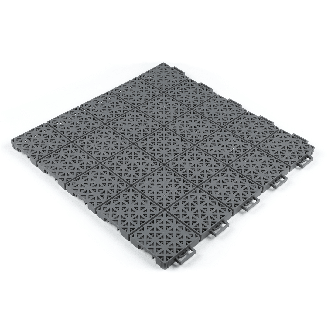 Dark grey interlocking sports court tiles with raised triangular grid texture