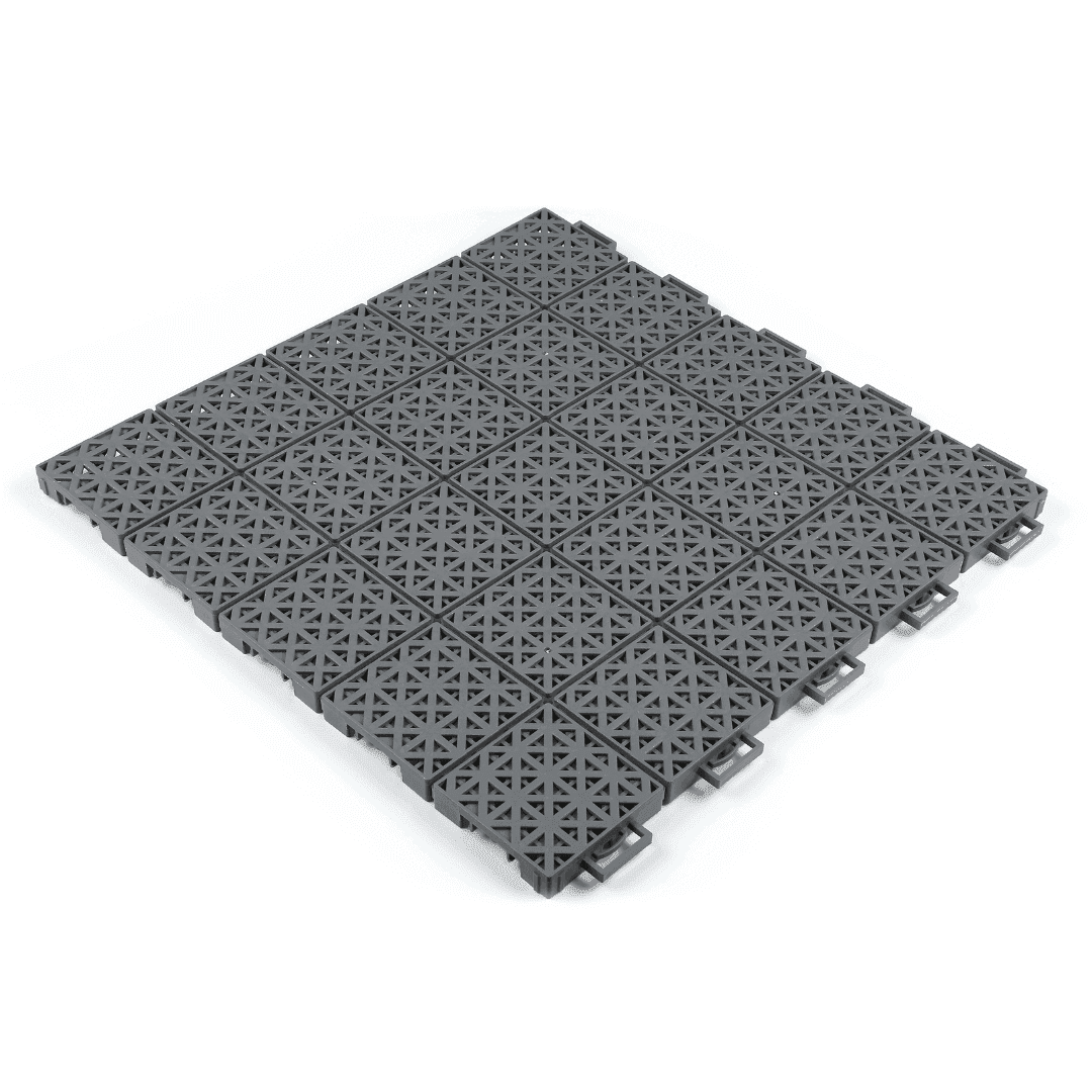Gray interlocking playground rubber tile with repeating diamond cutout pattern and side tabs