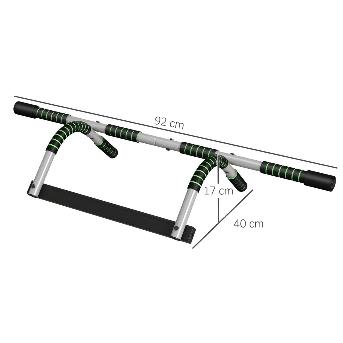 Adjustable doorway pull-up bar with padded handles and measured dimensions