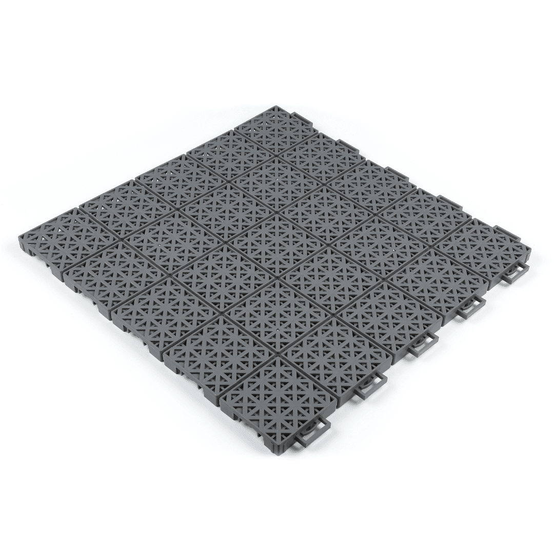 Dark grey interlocking basketball court floor tiles with textured tread pattern