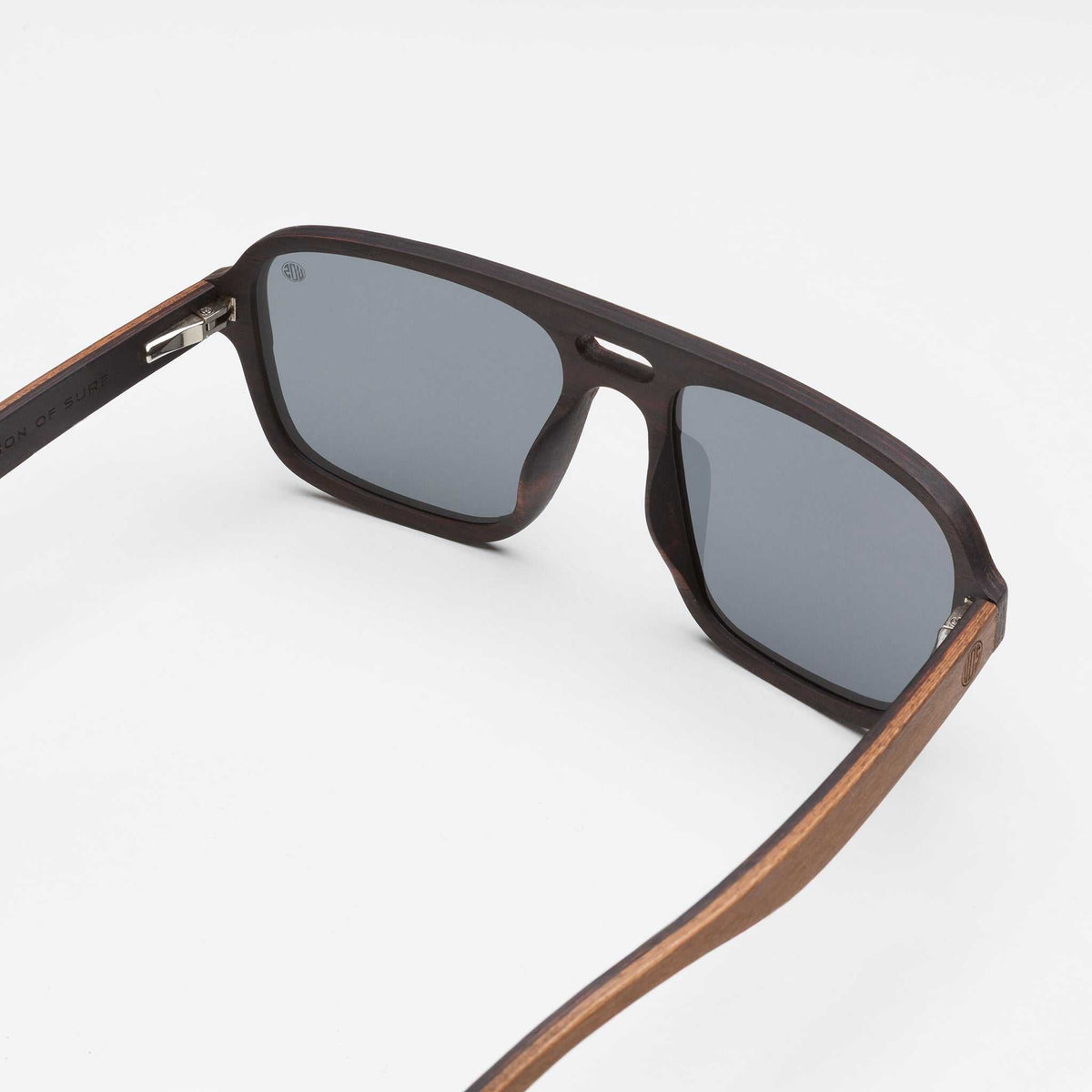 Walnut wood sunglasses, side view with dark gray mirrored lenses