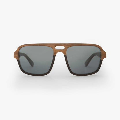 Walnut wood sunglasses with gray mirrored lenses and black temples