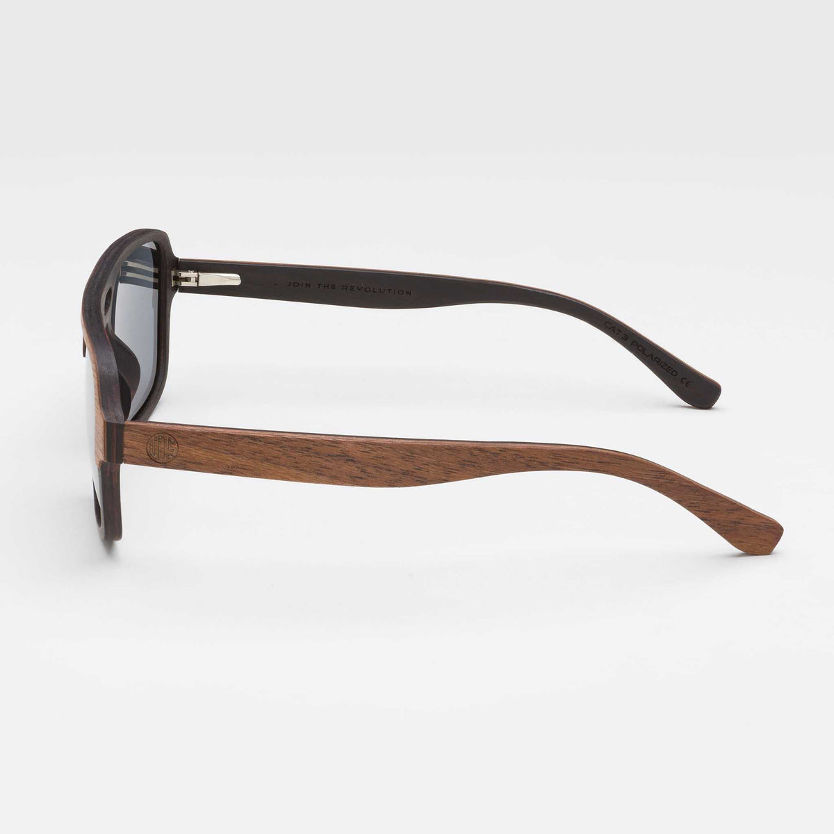 Walnut wood sunglasses, side profile with dark gray lenses and black temples