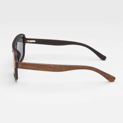 Walnut wood sunglasses, side profile with dark gray lenses and black temples