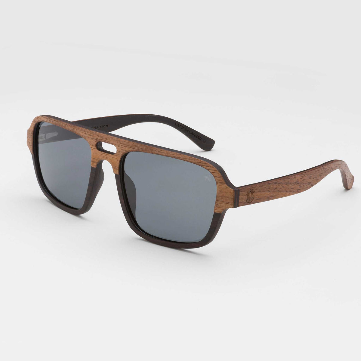 Walnut wood sunglasses with dark gray lenses and black temples