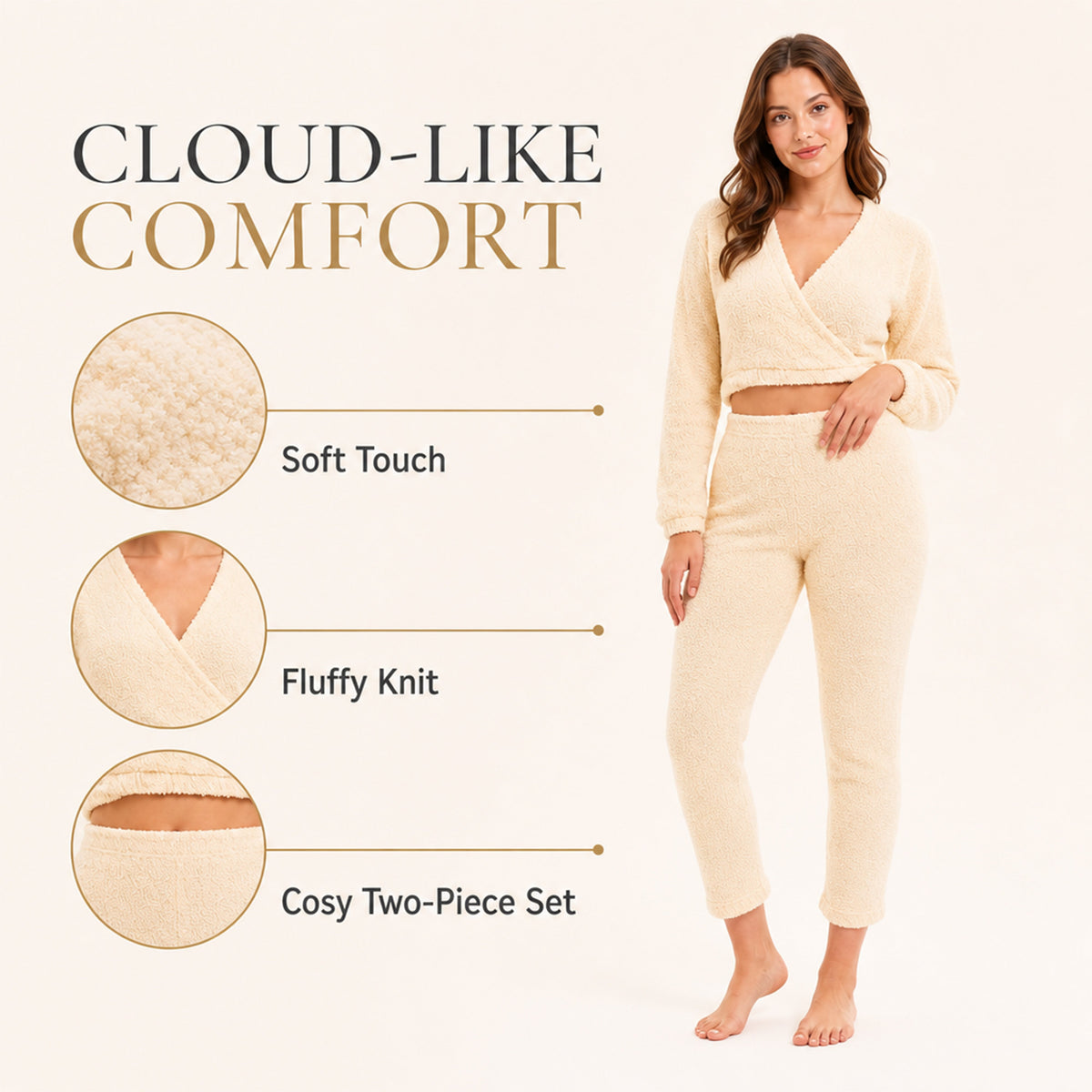 Women's teddy fleece wrap top and jogger set in cream, soft two-piece loungewear