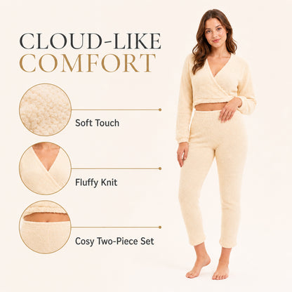 Women's teddy fleece wrap top and jogger set in cream, soft two-piece loungewear
