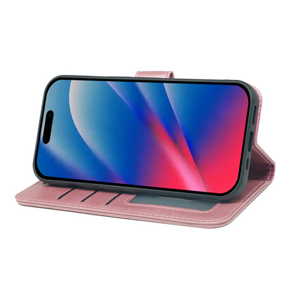 Rose pink leather-look wallet case with flip cover, phone facing front in stand mode.