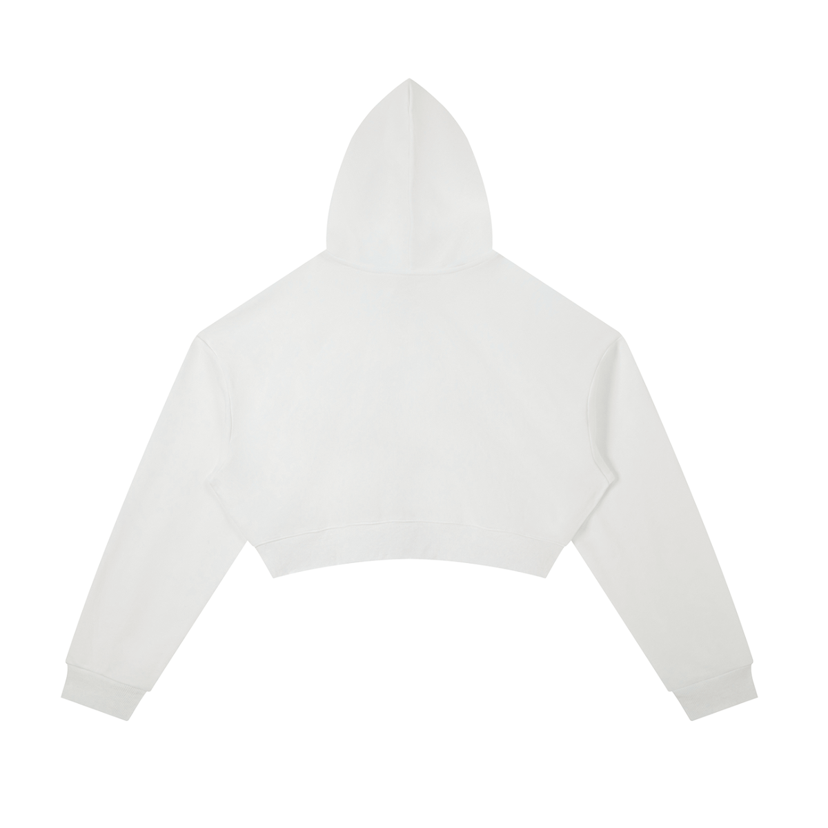 White cropped zip hoodie, back view with hood and dropped hem