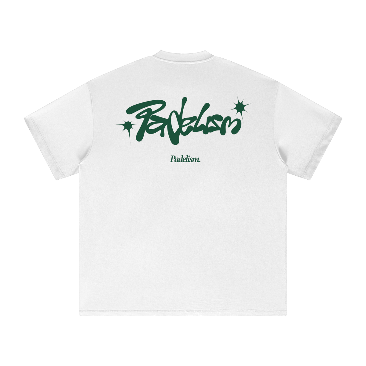 White heavyweight T-shirt, back graphic print with green logo and stars