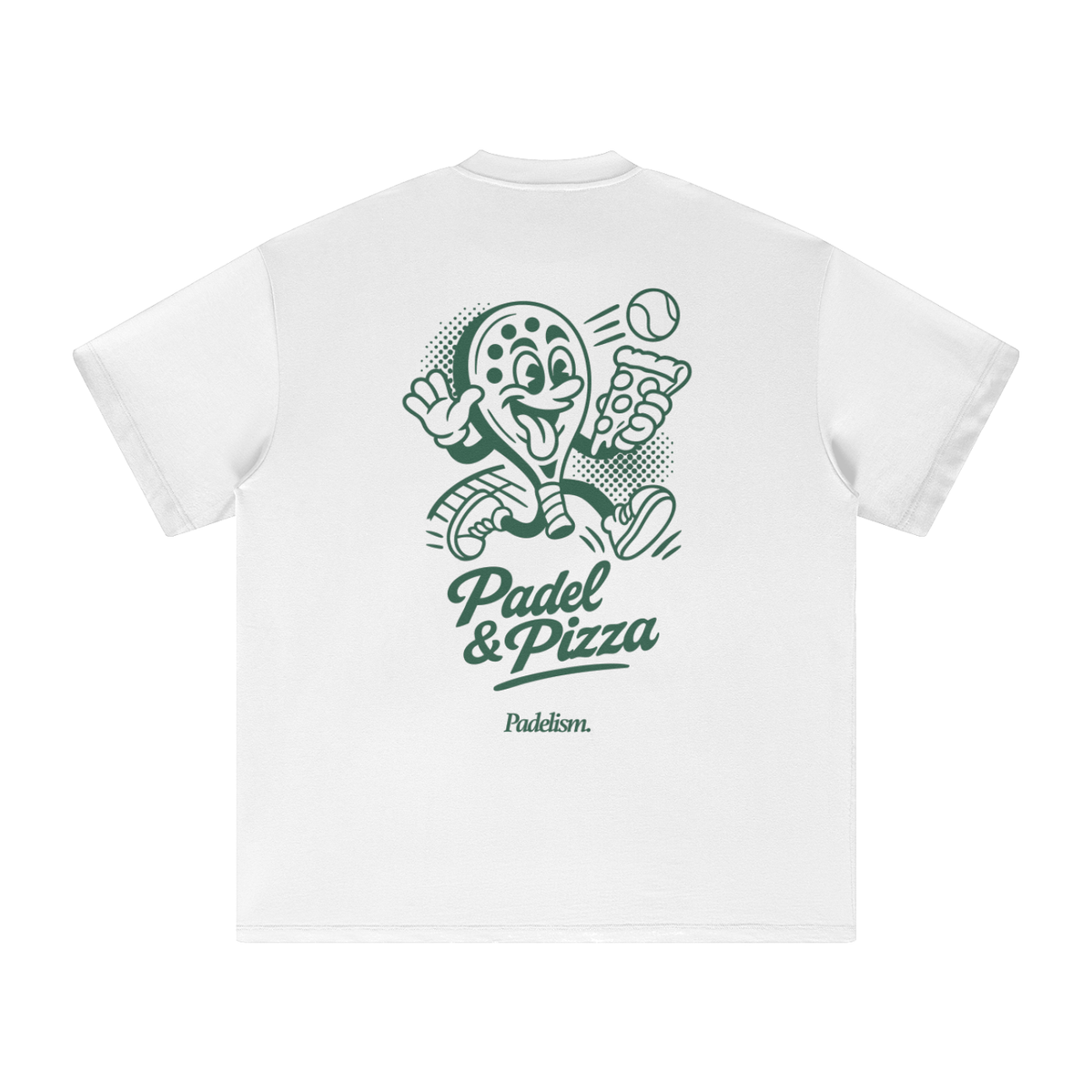 White heavyweight T-shirt with green 'Padel & Pizza' back graphic and 'Padelsim' logo
