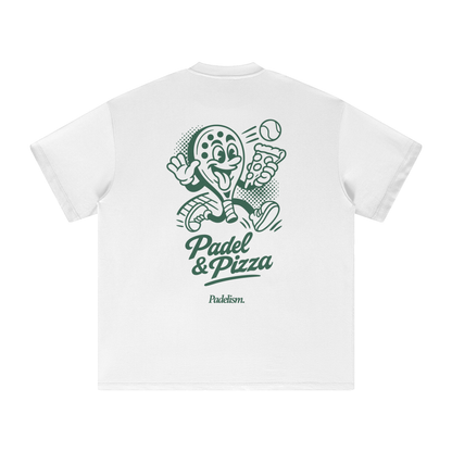 White heavyweight T-shirt with green 'Padel & Pizza' back graphic and 'Padelsim' logo