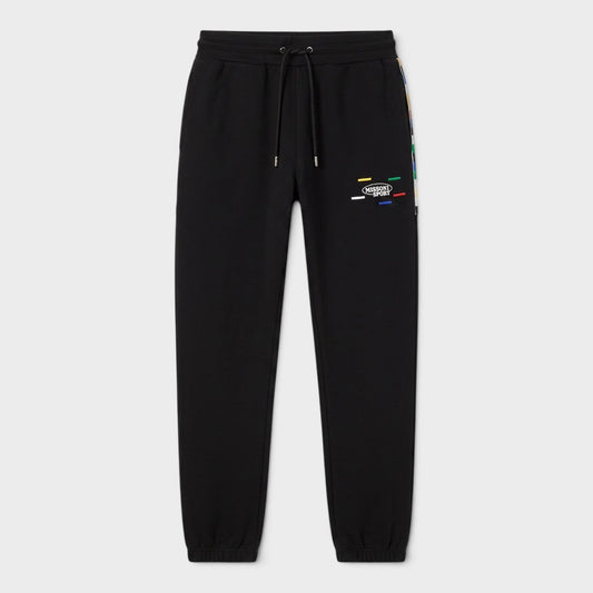 Black logo sport joggers with elastic waistband, drawstring, and multicolour logo on leg