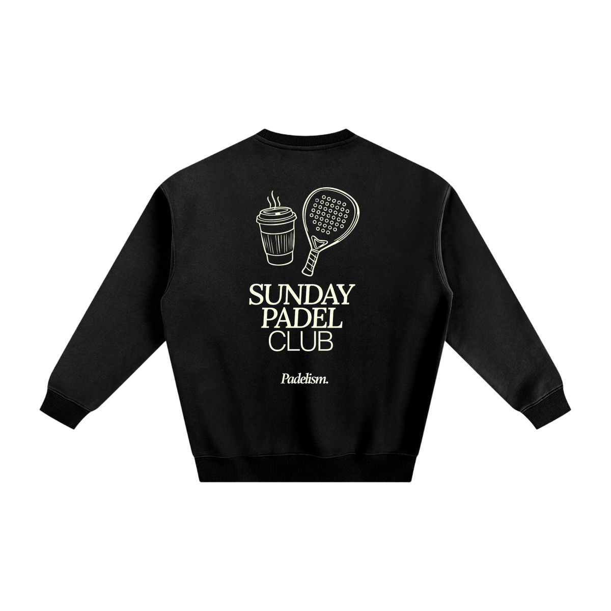 Black heavyweight padel sweatshirt with back "SUNDAY PADEL CLUB" graphic and 3/4 sleeves