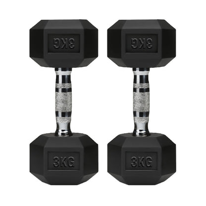 Rubber-coated hex dumbbell pair, black 3kg weights with chrome handles