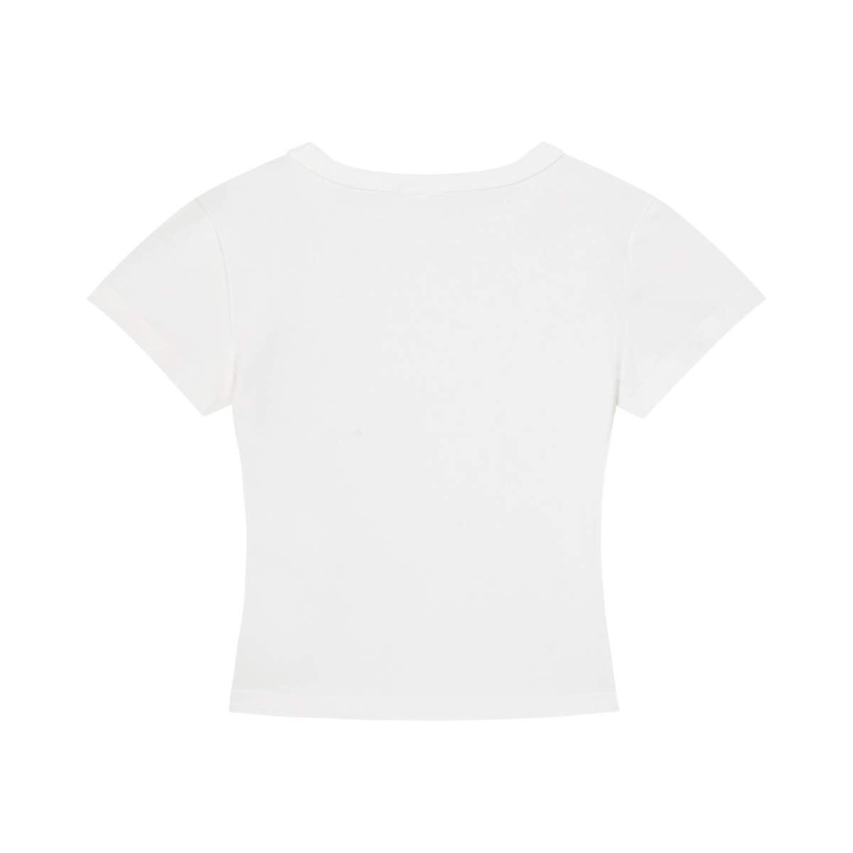 White cropped T-shirt flat lay, back view; crew neck and short sleeves