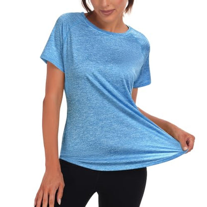 Jlowesun Women's Gym Shirts, Short Sleeve Lightweight Moisture Wicking Quick Dry Back Mesh Loose Fit Sports Tops for Ladies