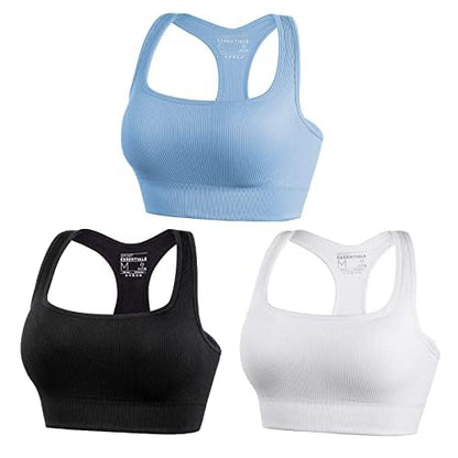 FITTIN Padded Sports Bra for Women ：Ribbed Racerback Seamless Wireless Workout Bras Pack