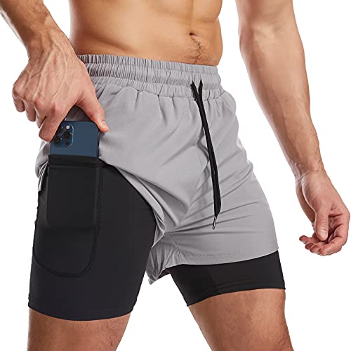 Danfiki Men Running Shorts Men's Shorts Workout with Phone Pocket 2 in 1 Gym Training Shorts Lightweight Quick Drying