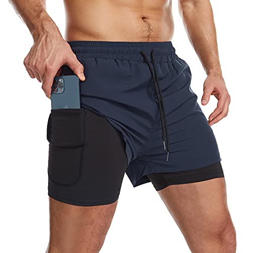 Danfiki Men Running Shorts Men's Shorts Workout with Phone Pocket 2 in 1 Gym Training Shorts Lightweight Quick Drying