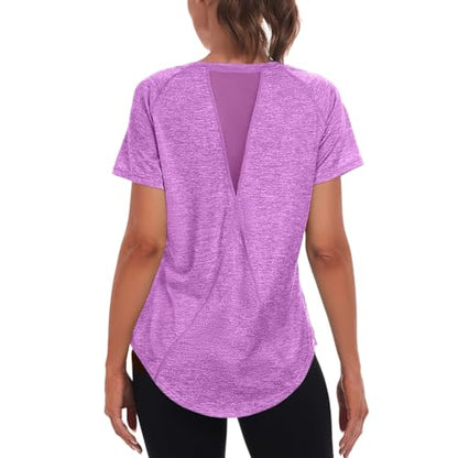 Jlowesun Women's Gym Shirts, Short Sleeve Lightweight Moisture Wicking Quick Dry Back Mesh Loose Fit Sports Tops for Ladies