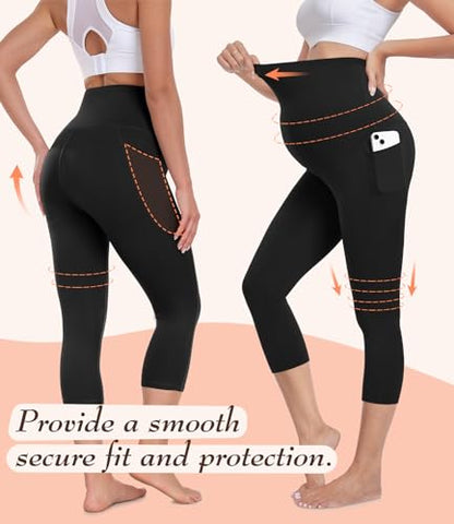 BLONGW 3 Pack Maternity Capri Leggings with Pockets Over The Belly Pregnancy Yoga Pants Activewear Soft Workout Leggings