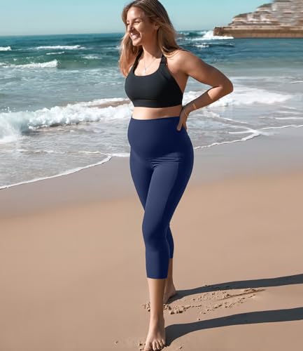 BLONGW 3 Pack Maternity Capri Leggings with Pockets Over The Belly Pregnancy Yoga Pants Activewear Soft Workout Leggings