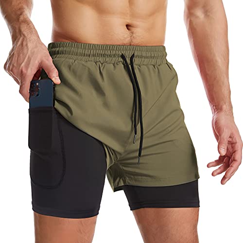 Danfiki Men Running Shorts Men's Shorts Workout with Phone Pocket 2 in 1 Gym Training Shorts Lightweight Quick Drying