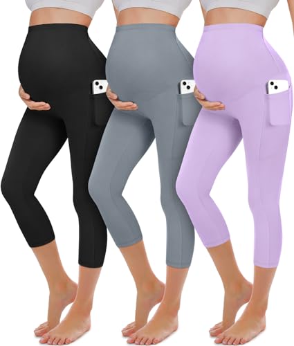 BLONGW 3 Pack Maternity Capri Leggings with Pockets Over The Belly Pregnancy Yoga Pants Activewear Soft Workout Leggings