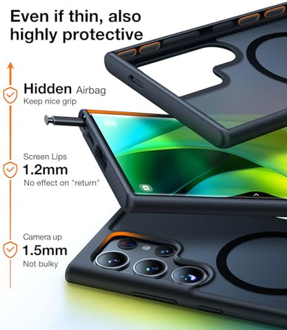 TORRAS for Samsung Galaxy Triple Camera Series [Durable Titanium Stand] [20W Wireless Charging] [TOP 19N Magnetic] [12FT Drop Protection] Case (Clear, Samsung S24 Ultra)