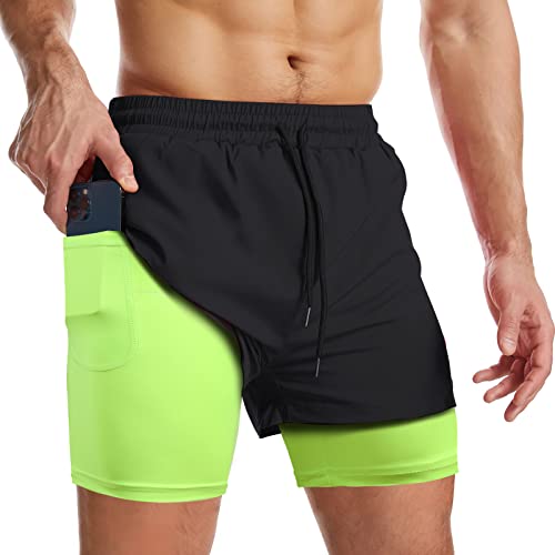 Danfiki Men Running Shorts Men's Shorts Workout with Phone Pocket 2 in 1 Gym Training Shorts Lightweight Quick Drying