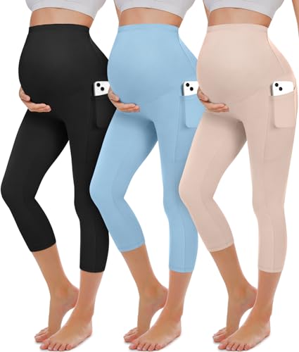 BLONGW 3 Pack Maternity Capri Leggings with Pockets Over The Belly Pregnancy Yoga Pants Activewear Soft Workout Leggings