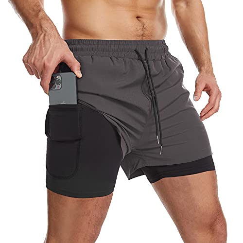 Danfiki Men Running Shorts Men's Shorts Workout with Phone Pocket 2 in 1 Gym Training Shorts Lightweight Quick Drying