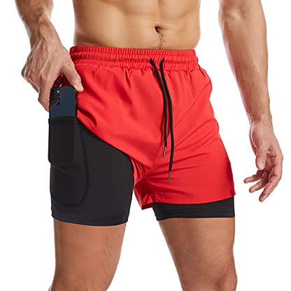 Danfiki Men Running Shorts Men's Shorts Workout with Phone Pocket 2 in 1 Gym Training Shorts Lightweight Quick Drying